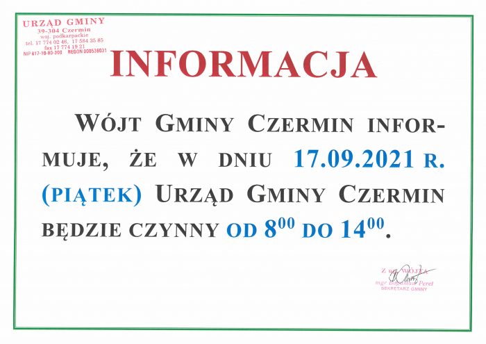 Miniaturka artykułu Zmiana godzin pracy UG w Czerminie w dn. 17.09.2021 r.