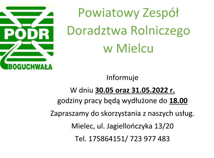 Miniaturka artykułu Powiatowy Zespół Doradztwa Rolniczego w Mielcu w dniu 30.05 oraz 31.05 br. ma wydłużone godziny pracy do 18.00.