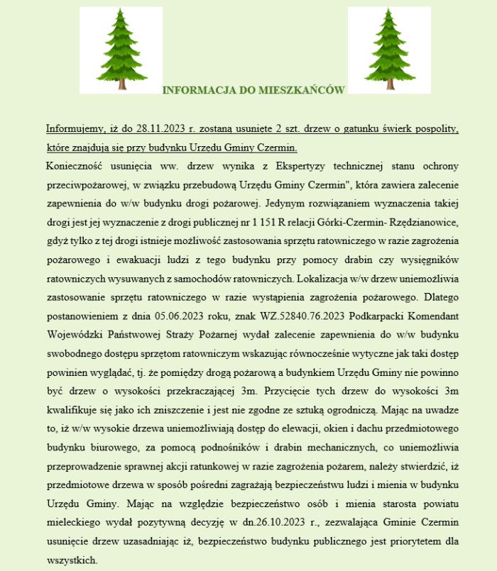 Miniaturka artykułu Informacja – wycinka drzew