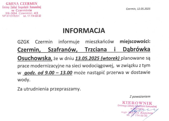 Miniaturka artykułu INFORMACJA – przerwa w dostawie wody