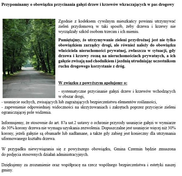 Miniaturka artykułu Przypomnienie o obowiązku przycinania gałęzi drzew i krzewów wkraczających w pas drogowy