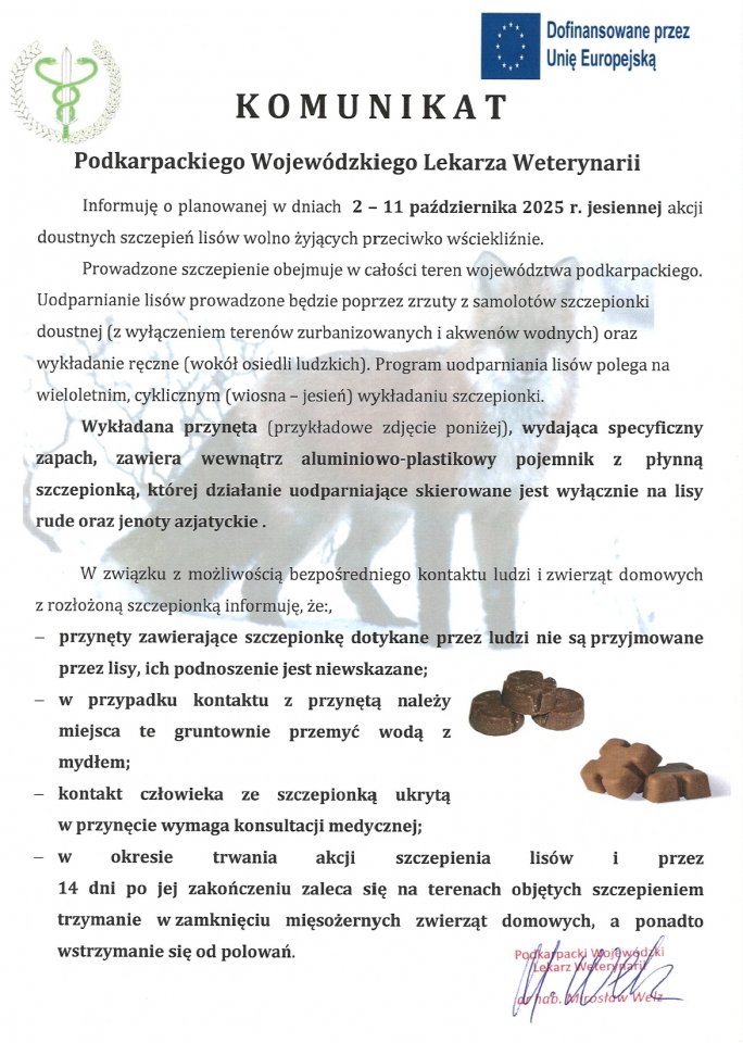 Miniaturka artykułu Komunikat Podkarpackiego Wojewódzkiego Lekarza Weterynarii dotyczący planowanej jesiennej akcji doustnych szczepień lisów wolno żyjących przeciwko wściekliźnie