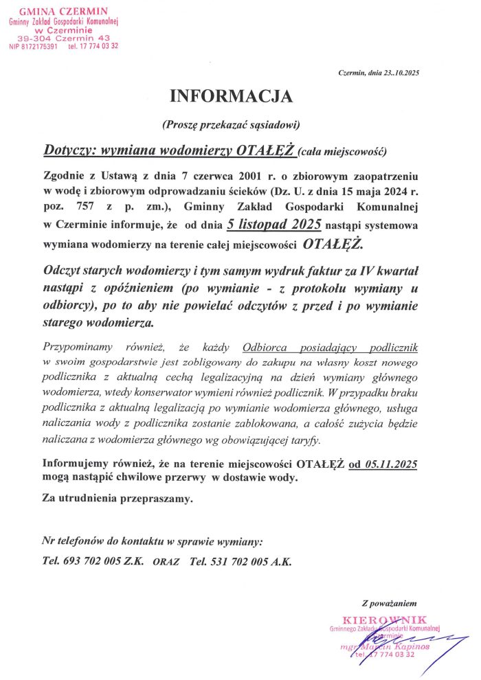 Miniaturka artykułu Informacja dla Mieszkańców miejscowości OTAŁĘŻ