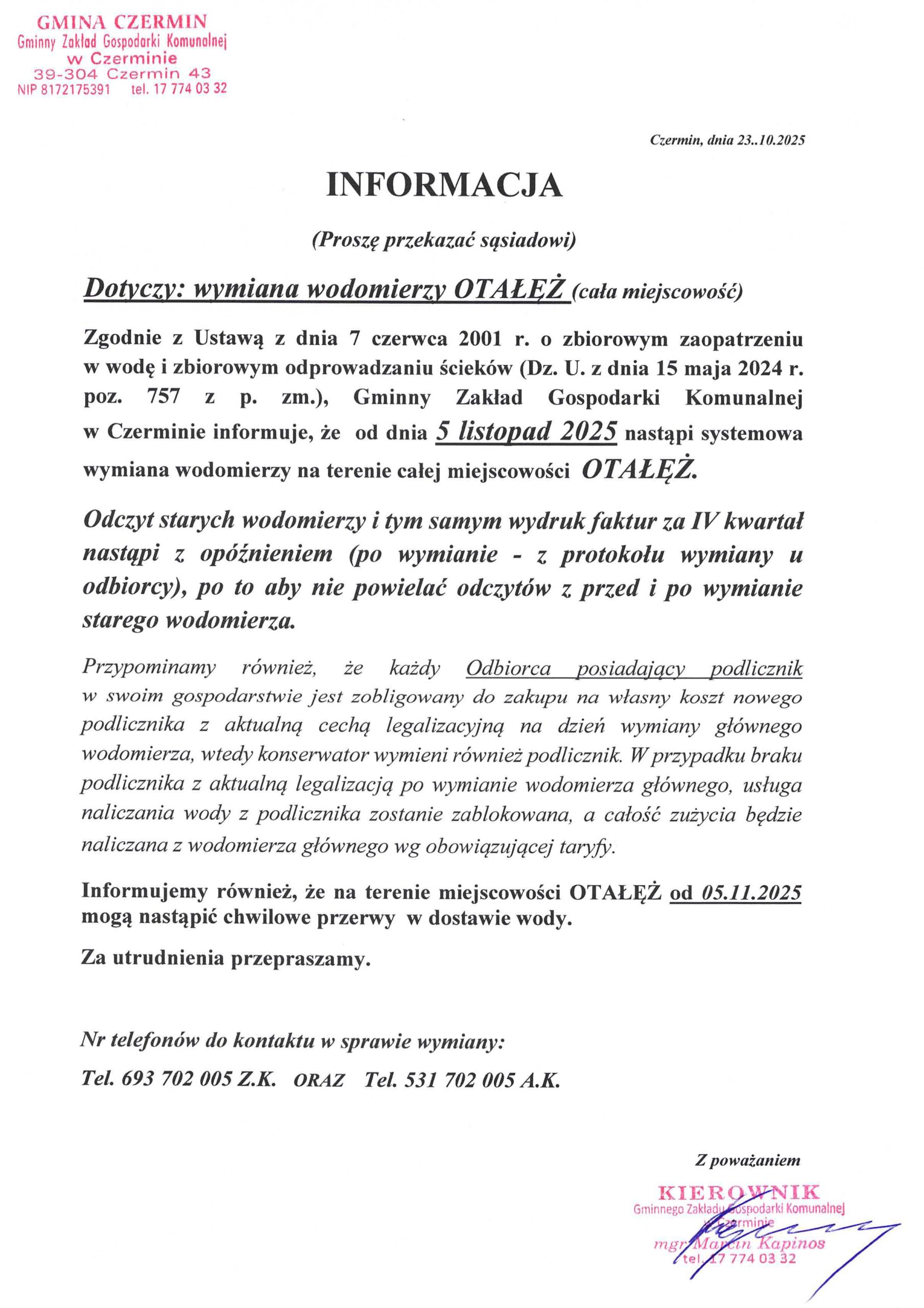 Miniaturka artykułu Informacja dla Mieszkańców miejscowości OTAŁĘŻ