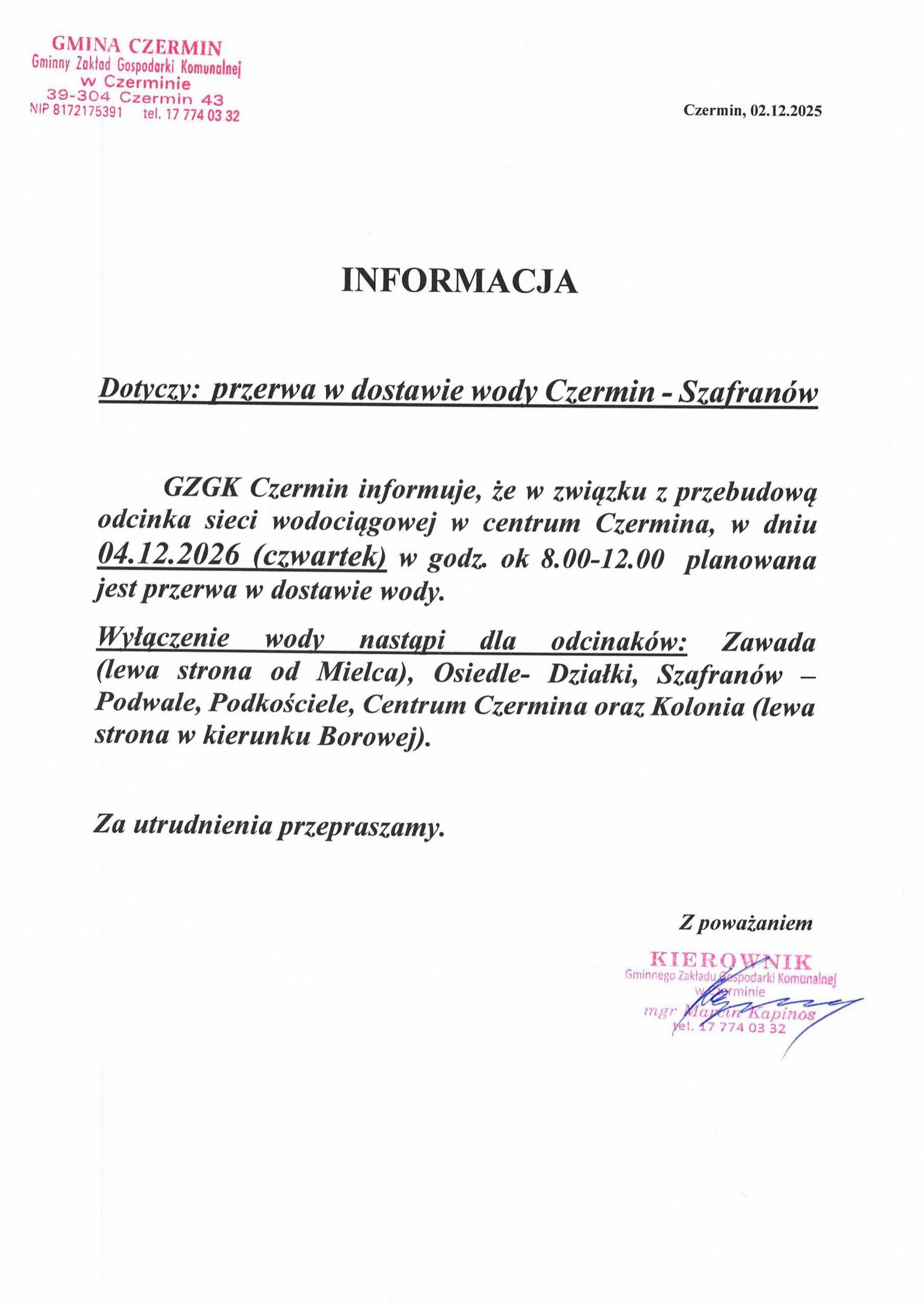 Miniaturka artykułu INFORMACJA – przerwa w dostawie wody