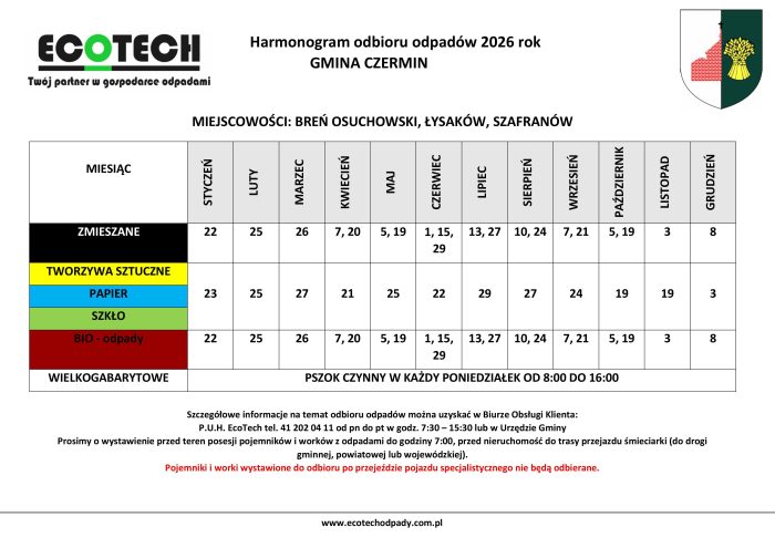Miniaturka artykułu Harmonogramy odbioru odpadów 2026 rok