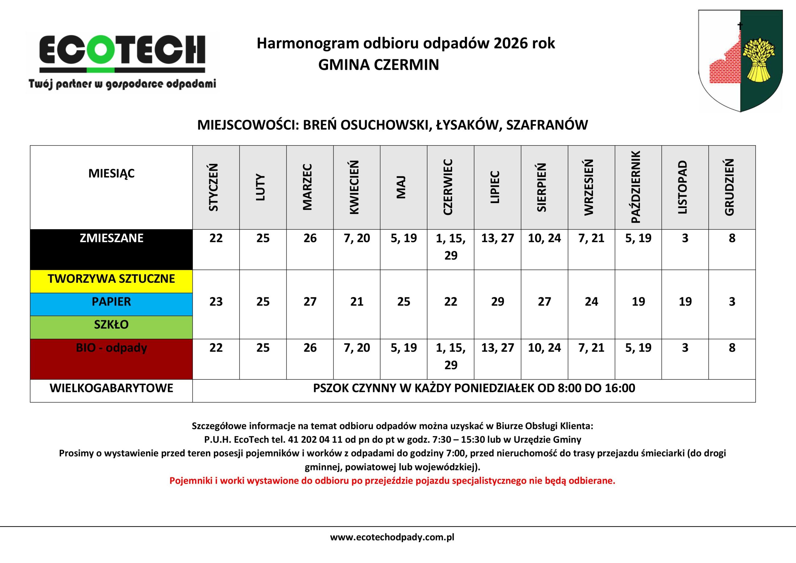 Miniaturka artykułu Harmonogramy odbioru odpadów 2026 rok