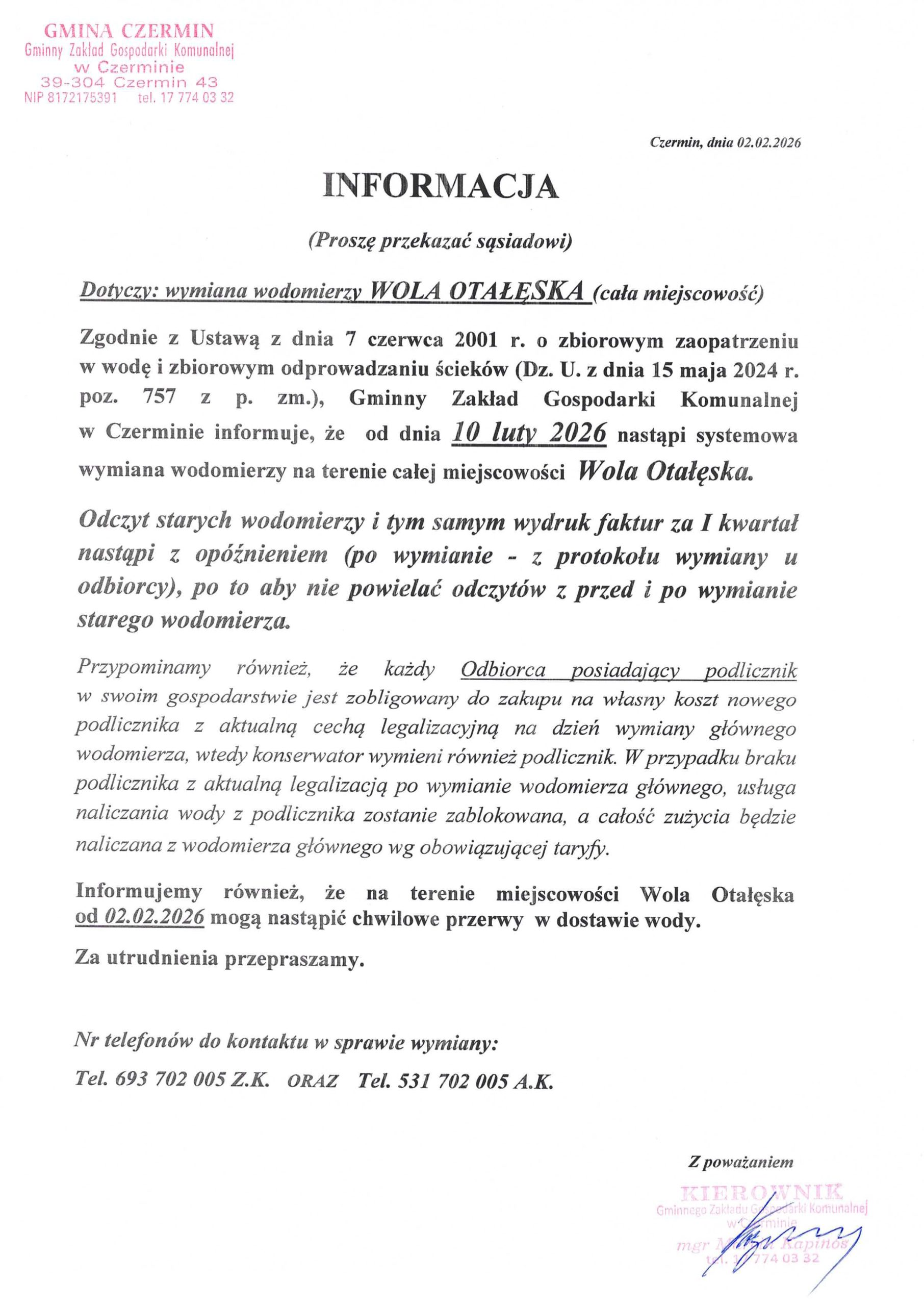 Miniaturka artykułu INFORMACJA dla mieszkańców Woli Otałęskiej