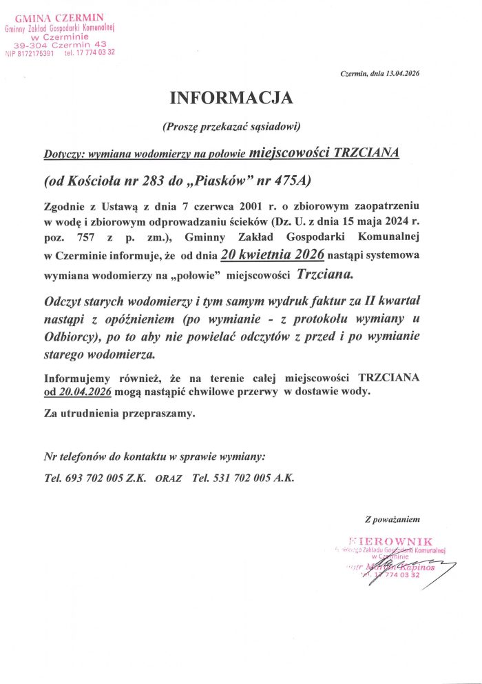 Miniaturka artykułu Informacja ws. wymiany wodomierzy w Trzcianie