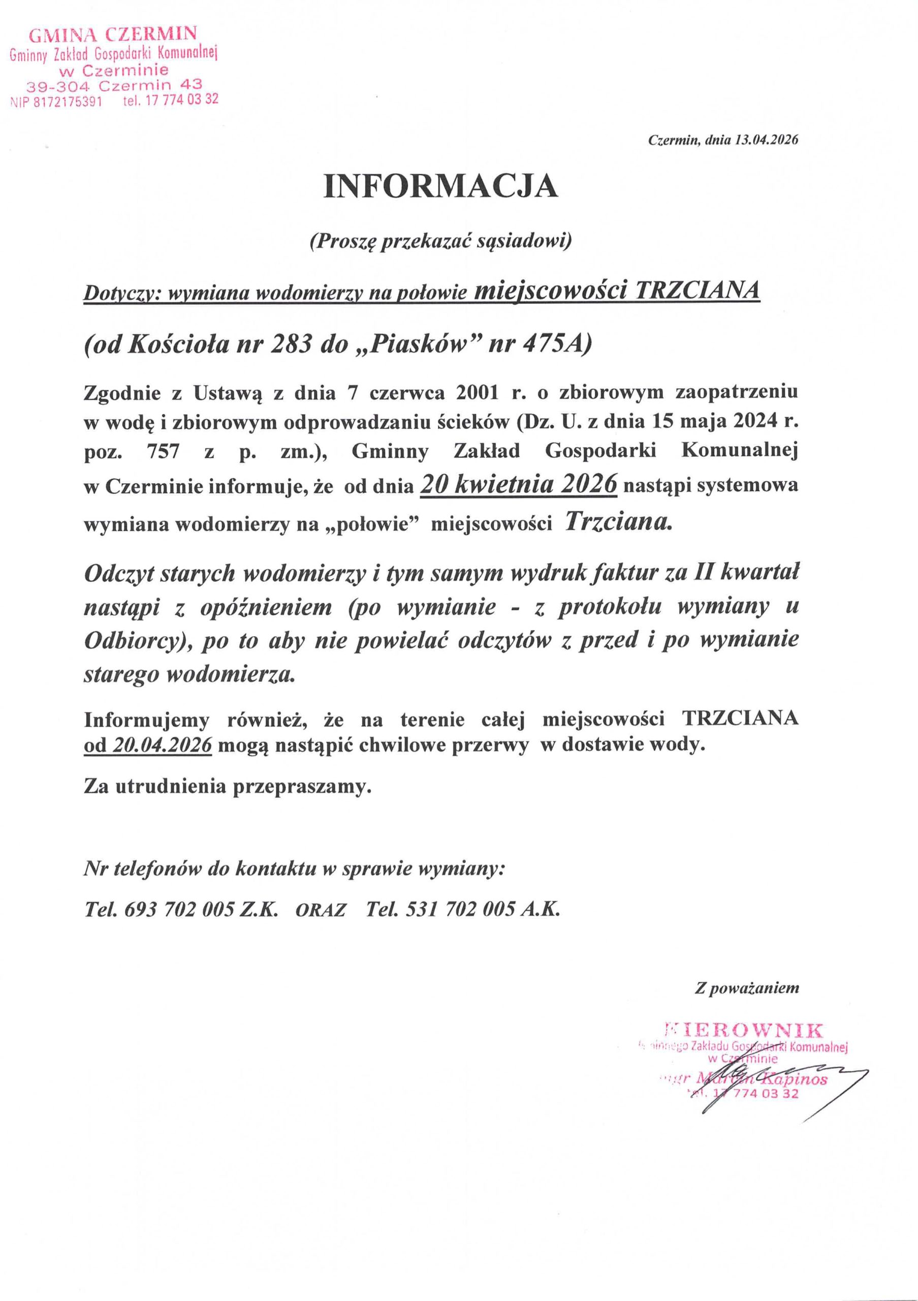 Miniaturka artykułu Informacja ws. wymiany wodomierzy w Trzcianie