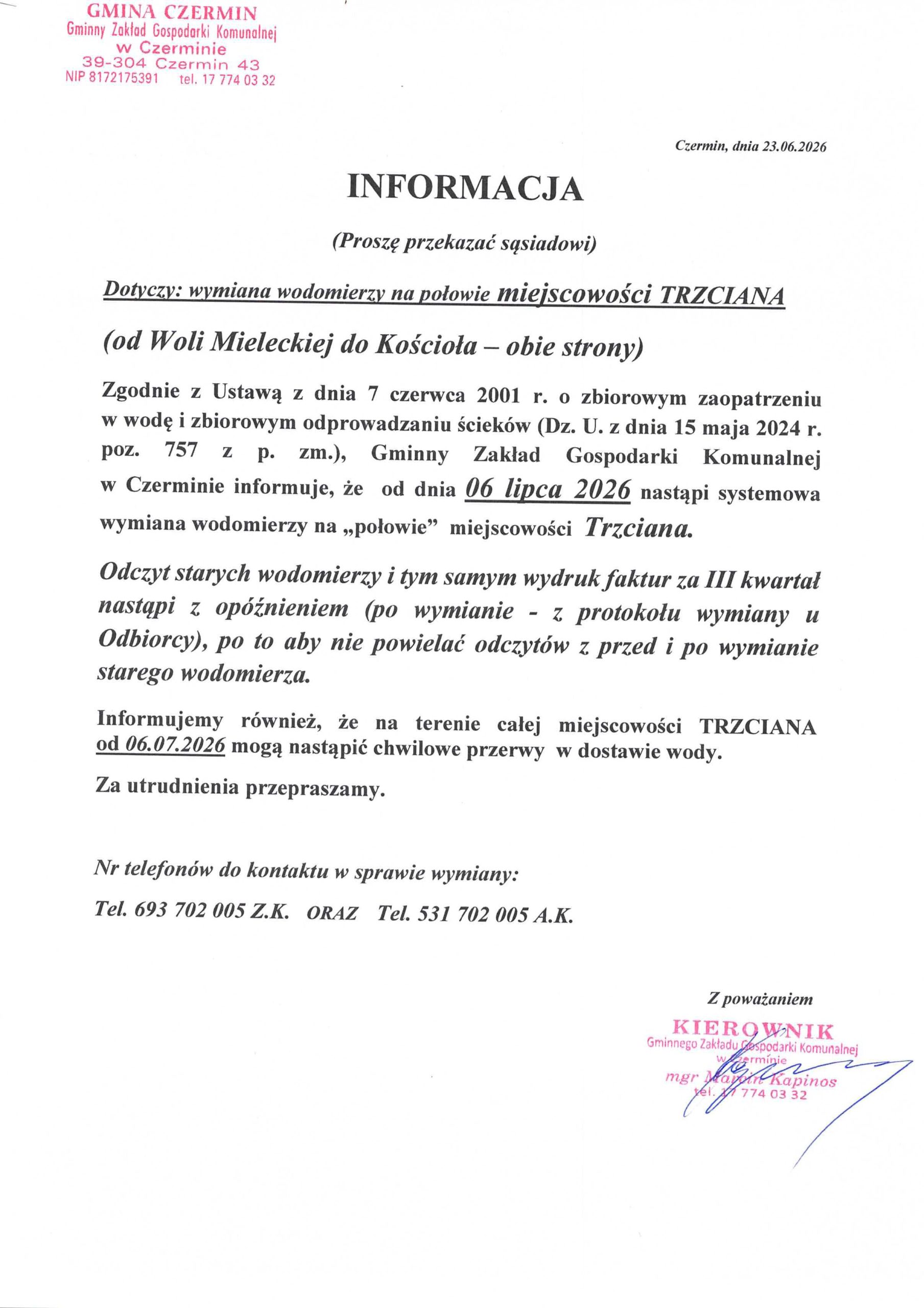 Miniaturka artykułu INFORMACJA-wymiana wodomierzy w Trzcianie