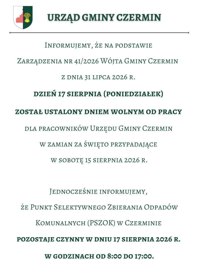 Miniaturka artykułu 17.08.2026r. – Urząd Gminy Czermin NIECZYNNY