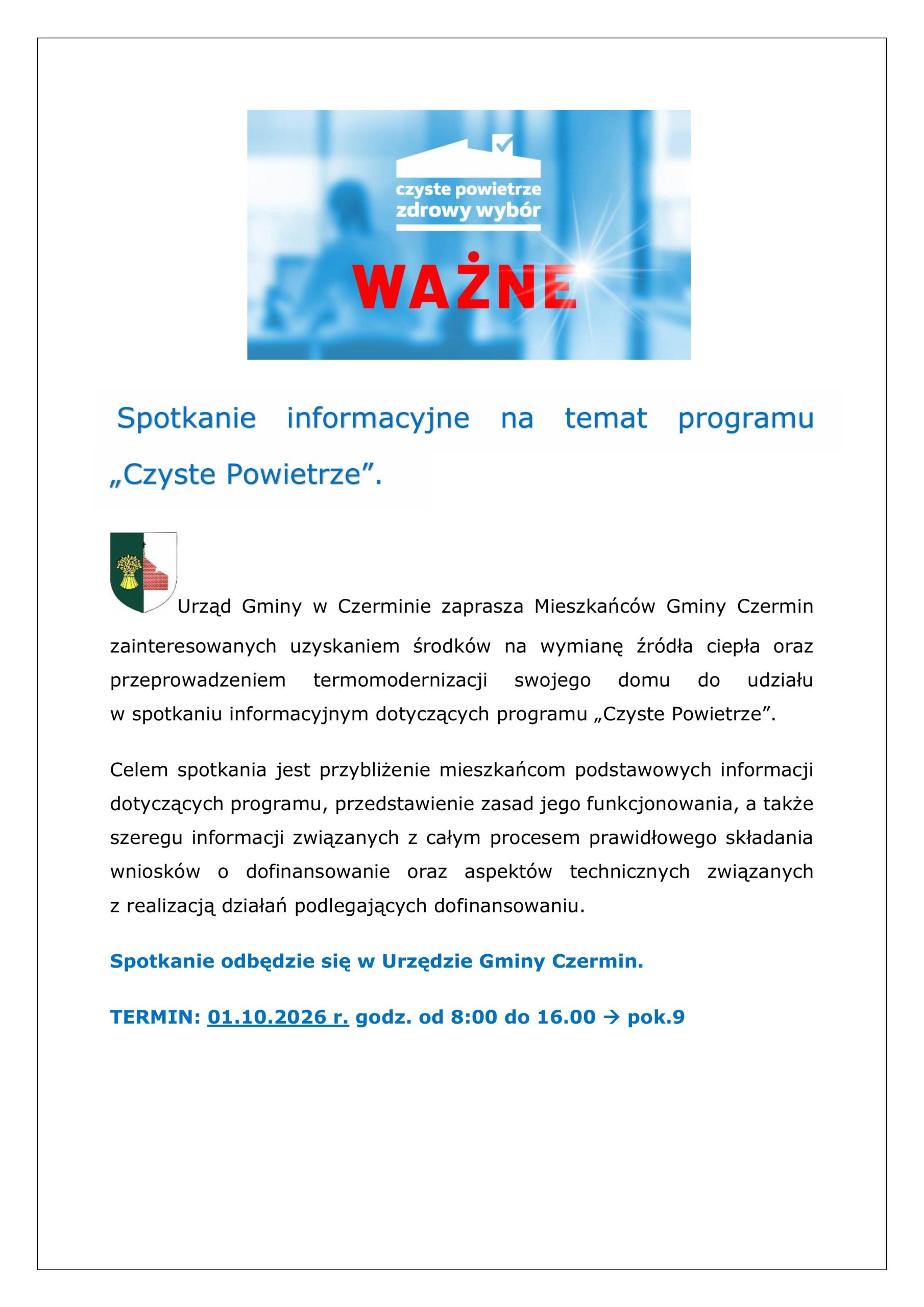 Miniaturka artykułu Spotkanie informacyjne na temat programu „Czyste Powietrze”