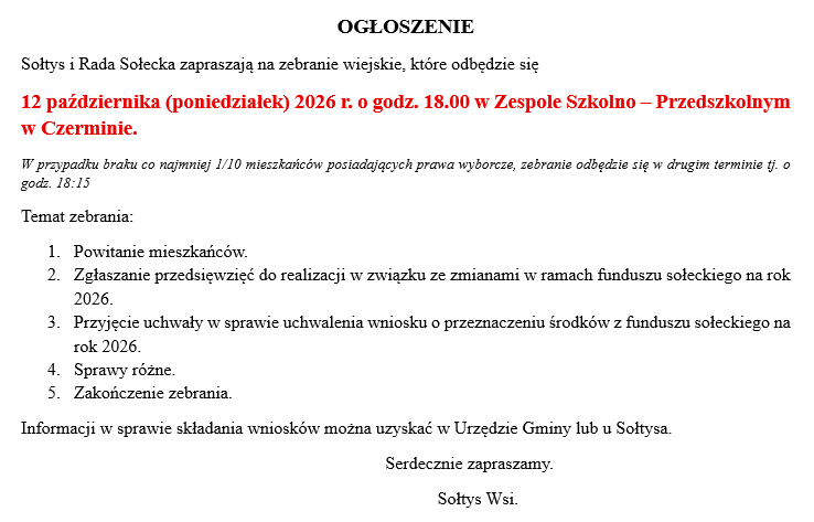 Miniaturka artykułu OGŁOSZENIE – Zebranie wiejskie sołectwa Czermin