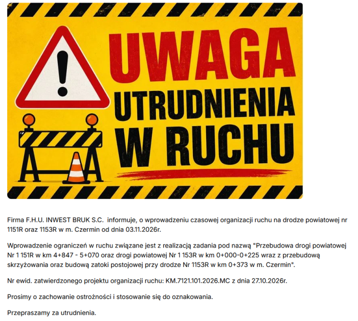 Miniaturka artykułu Uwaga! Czasowa zmiana organizacji ruchu na drodze powiatowej nr 1151R oraz 1153R w m. Czermin